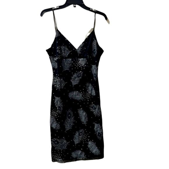 Syrup Women’s L Black w Silver Feather Sequence Spaghetti Strap Slip Dress - Picture 1 of 8